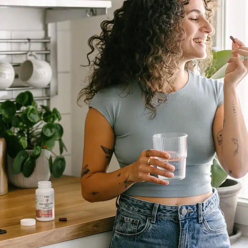 Woman smiling holding Inflammation Pro capsule